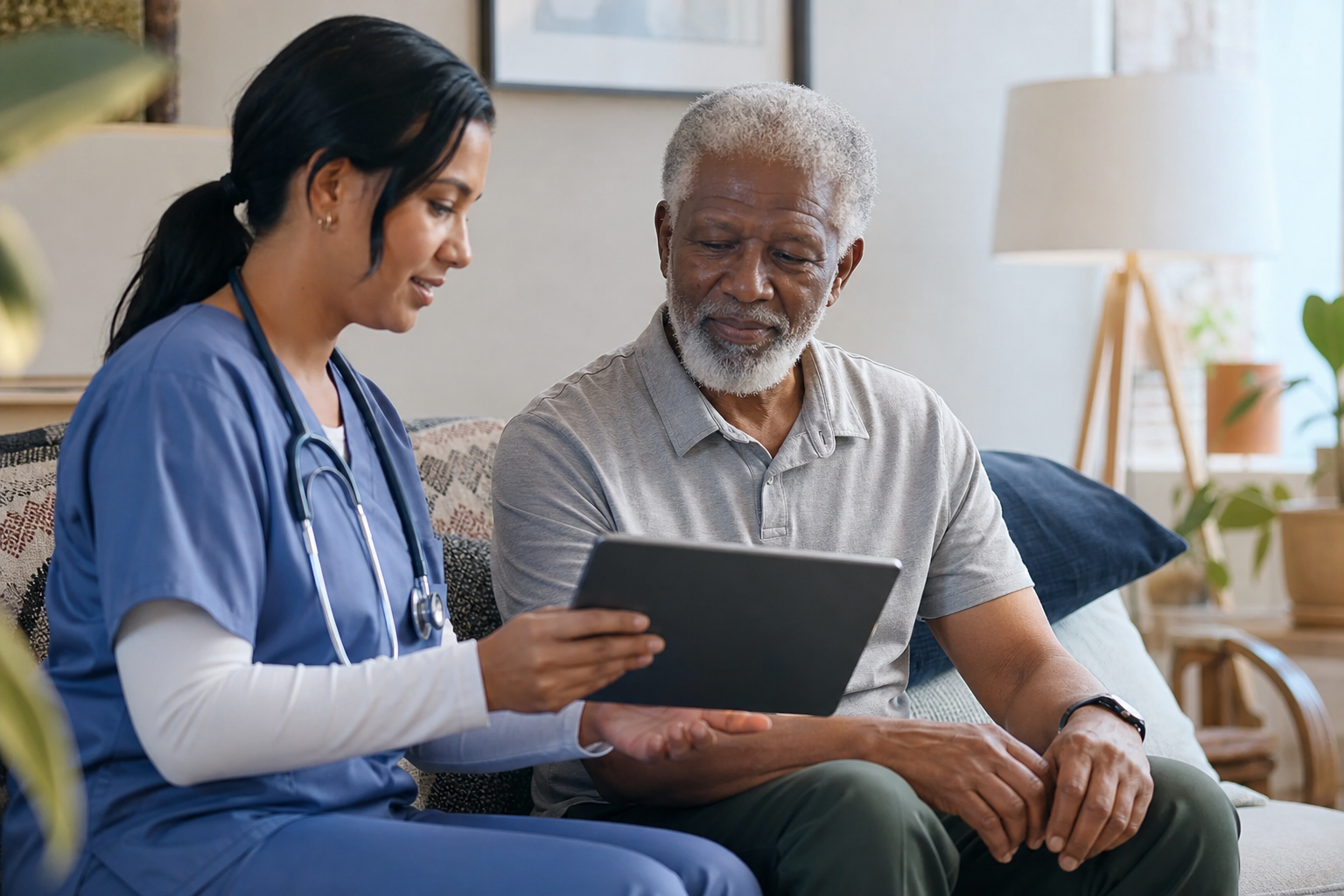 Clinician sitting with a senior patient, showing a digital cognitive assessment on an ipad