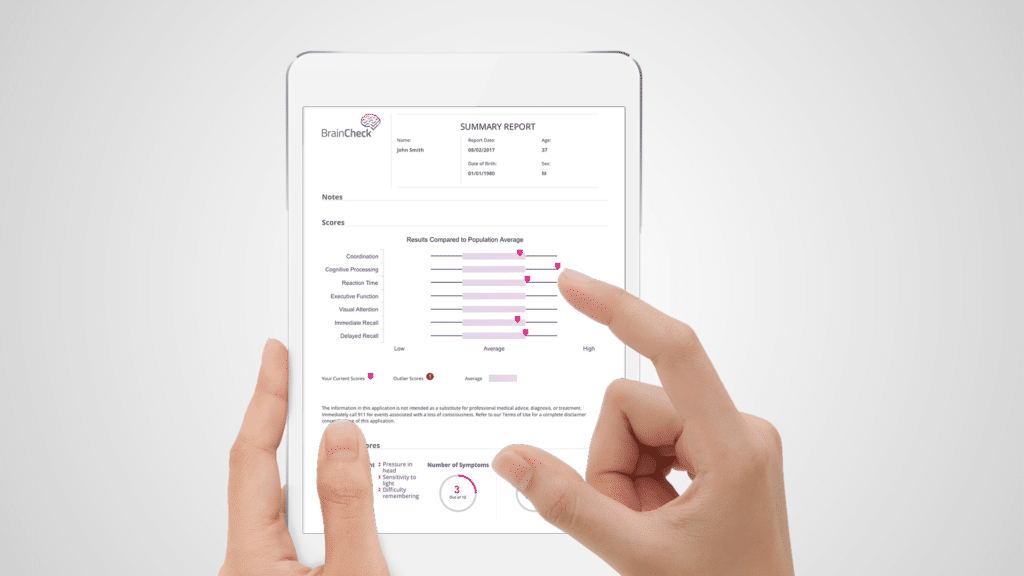 Neurocognitive test results on a tablet